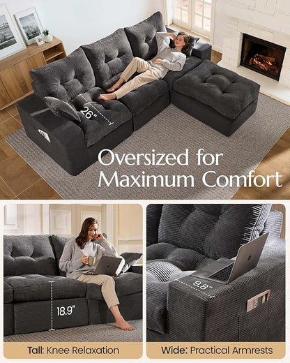 High Back Boneless Couch, L-Shaped Cloud Couch with Versatile 2-Pack Pillow Blankets, Corduroy Modular Sectional Sofa with Ottoman, No Assemble Sectional Couches for Living Room, Dark Grey