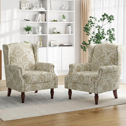 Pia Ricco High Back Floral Accent Chair - Retro Wingback Upholstered Armchair with Nailhead Trim, Solid Wood Legs, Fabric Living Room Bedroom Reading Chair (Flower White)