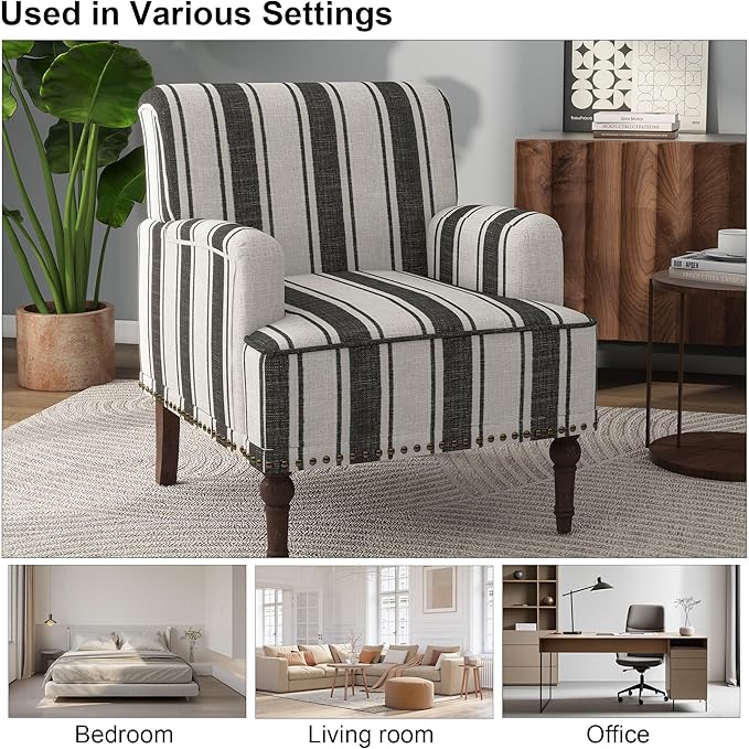 Accent Chair, Mid Century Modern Comfy Armchair for Living Room, Linen Fabric Single Sofa Lounge for Reading Bedroom Apartment Waiting Room with Wood Legs (Black Stripe, Set of 1)