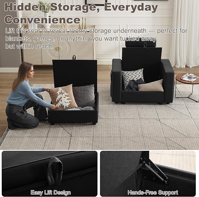 41.1" Accent Storage Sofa Chair with Ottoman, Faux Leather Living Room Chaise Lounge Chair with Headrest & Side Pockets, Modern Upholstered Comfy Arm Chairs, Sleeper Sofa, Reading Club Chairs, Black