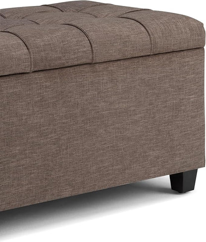 SIMPLIHOME Sienna 33 inch Wide Transitional Rectangle Storage Ottoman Bench in Fawn Brown Linen Look Fabric, Assembled, For the Living Room, Entryway and Family Room