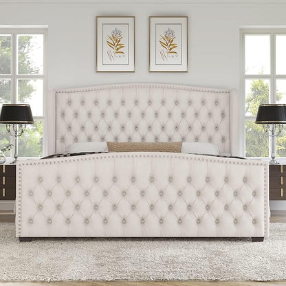 AMERLIFE California King Size Platform Bed Frame, Velvet Upholstered Bed with Deep Button Tufted & Nailhead Trim Wingback Headboard/No Box Spring Needed, Cream