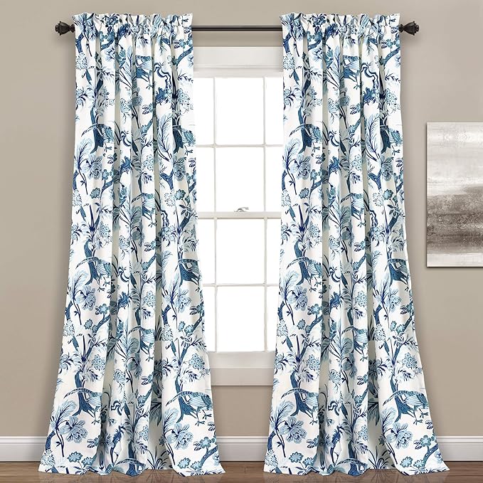 Lush Decor Dolores Light Filtering Window Panels, Pair, 52" W x 95" L, Blue - Floral Curtains for Bedroom - Vintage Curtains - Coquette Room Decor
