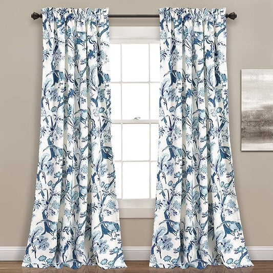 Lush Decor Dolores Light Filtering Window Panels, Pair, 52" W x 95" L, Blue - Floral Curtains for Bedroom - Vintage Curtains - Coquette Room Decor