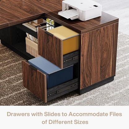 Tribesigns 78" L Shaped Executive Desk, Large Office Desk with Drawers and Storage Shelves, Modern Corner Computer Table Business Furniture for Home Office (Black & Brown)