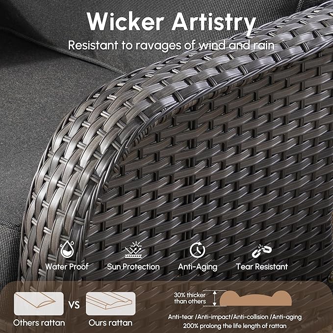 2 Pieces Wicker Patio Furniture Loveseat with Table - Outdoor Rattan Patio Bistro Set of 2,All-Weather PE Wicker Conversation Sofa High Back Deep Seating for Deck Porch Yard,Black