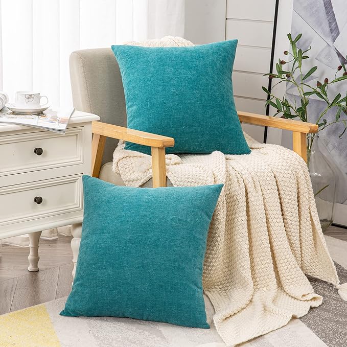GAWAMAY Decorative Square Throw Pillow Covers 18"x18" Inch Set of 2, Super Soft Chenille Pillows Cover Fall Pillowcase for Living Room Bedroom Sofa Couch Cushion Cover Teal 45x45cm (No Insert)