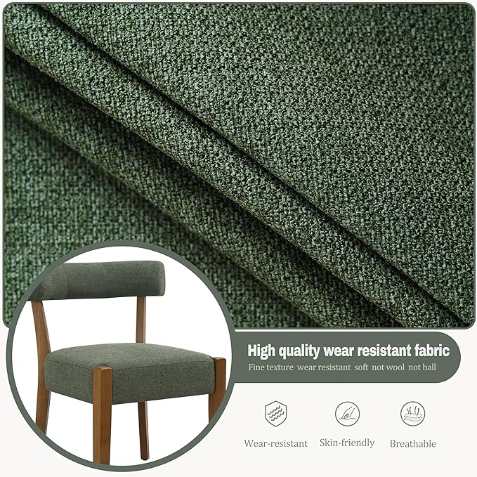 Modern Green Dining Chairs Set of 4, Walnut Upholstered Kitchen & Dining Room Chairs, Mid Century Modern Wooden Dining Chairs Oversized Sturdy Fabric Rounded Chairs Curved Back