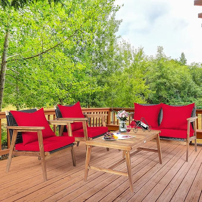 COSTWAY 4 Pieces Acacia Wood Patio Conversation Set, Outdoor Wicker Sofa with Coffee Table & Cushions, Patio Rattan Furniture Set for Yard, Porch, Poolside, Balcony, Backyard, Red