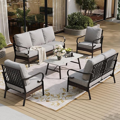 5 Piece Metal Outdoor Patio Furniture Set, Patio Conversation Sets 1 3-Seater Sofa, 2-Seater Sofa, 2 Fixed Sofa with 5.75" Cushion & Coffee Table Black Backyard Furniture, Light Gray