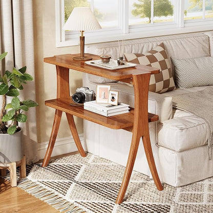 LITTLE TREE Narrow Side Table, 2-Tier Farmhouse End Table with Solid Wood Legs, Small Side Table, Space-Saver for Living Room, Bedroom, Entryway (Walnut)