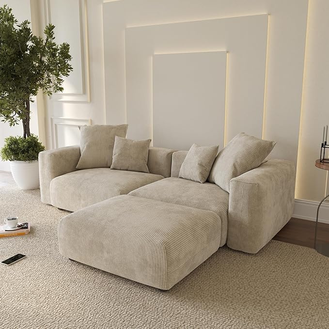 WJShome Cloud Couch Modular Sectional Sofa,102inch L Shaped Sofa with Ottoman,Beige 3 Seater Corduroy Couch,Convertible Sectional Sofa for Living Room,Cushion Covers Removable& Washable