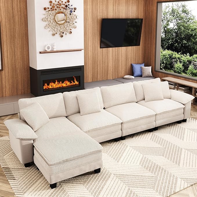 157-Inch L Shaped Sectional Sofa with Cloud Cushions, Deep Seat Modular Couch Set w/ 5 Seats & 1 Ottomans, Plush Chenille & Corduroy Upholstery for Living Room, Apartment - Beige