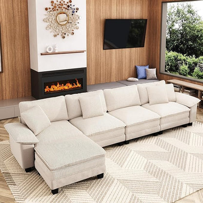 157-Inch L Shaped Sectional Sofa with Cloud Cushions, Deep Seat Modular Couch Set w/ 5 Seats & 1 Ottomans, Plush Chenille & Corduroy Upholstery for Living Room, Apartment - Beige