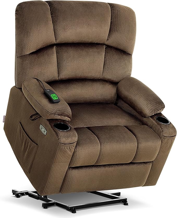 MCombo Oversized Dual Motor Power Lift Recliner Chair Sofa with Massage and Heat for Big Elderly People, Infinite Position, USB Ports, Fabric R7677 (Brown, Medium-Oversize)