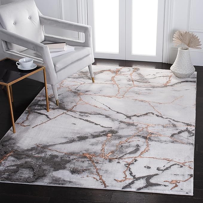 SAFAVIEH Craft Collection Area Rug - 6'7" Square, Grey & Orange, Modern Abstract Marble Pattern Design, Non-Shedding & Easy Care, Ideal for High Traffic Areas in Living Room, Bedroom (CFT877P)