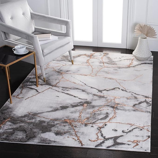 SAFAVIEH Craft Collection Area Rug - 4' Square, Grey & Orange, Modern Abstract Marble Pattern Design, Non-Shedding & Easy Care, Ideal for High Traffic Areas in Living Room, Bedroom (CFT877P)