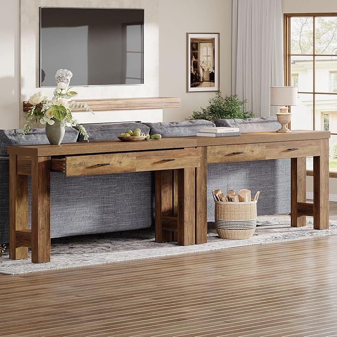 Tribesigns 63" Console Table with 2 Drawers, Farmhouse Entryway Table with H-Shaped Sturdy Legs for Hallway, Living Room, Brown