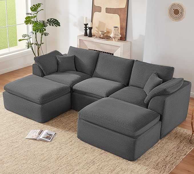 112" Cloud Sectional Couch, Boneless Couches for Living Room, U Shaped Couch with Convertible Ottoman, Modular Sectional Sofa with Deep Seat, Comfy Soft Cushions, No Assembly, Gray