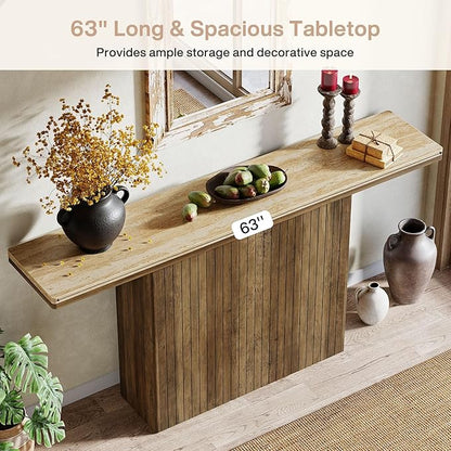 Tribesigns Farmhouse Fluted Console Table for Entryway, 63-Inch Long Wooden Sofa Table Behind Couch for Living Room, Foyer, Hallway, Rustic Brown & Natural