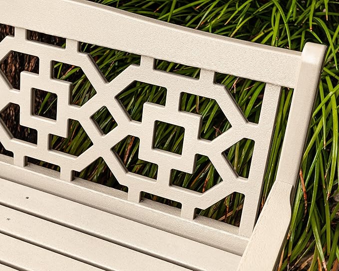 Martha Stewart by POLYWOOD Chinoiserie 48" Outdoor Bench for Patio, Porch & Backyard, Sand - Durable All-Weather HDPE Garden Seat with Back Support - Classic 2 Person Seating, Made in The USA