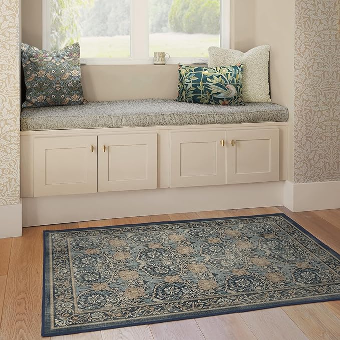 RUGGABLE x Morris & Co Washable Area Rug– Honeysuckle & Tulip Blue 3x5, Stain-Resistant, Non-Slip – Small Machine Washable Rugs for Living Room, Bedroom, Hallway, Entryway & Office–with Cushioned Pad