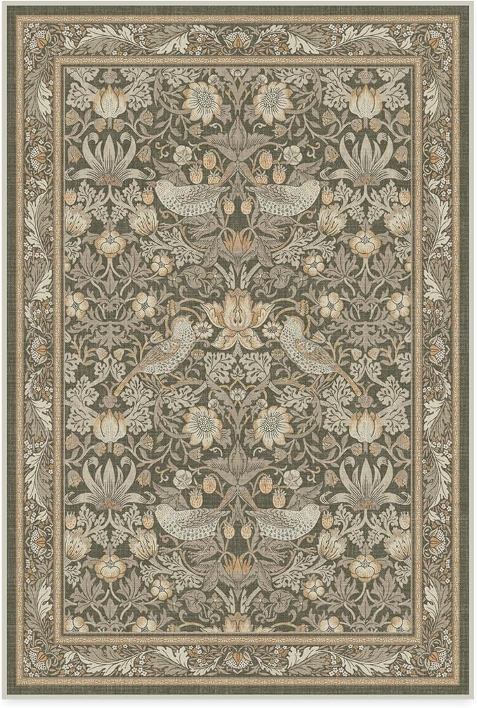RUGGABLE x Morris & Co Machine Washable Area Rug – Strawberry Thief Stone Gold 4x6, Stain-Resistant, Non-Slip – Medium Rugs for Living Room, Bedroom, Hallway, Entryway & Office–with Cushioned Pad