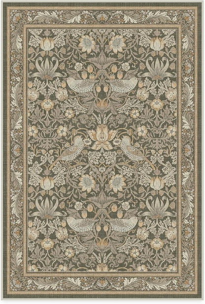 RUGGABLE x Morris & Co Machine Washable Area Rug – Strawberry Thief Stone Gold 4x6, Stain-Resistant, Non-Slip – Medium Rugs for Living Room, Bedroom, Hallway, Entryway & Office–with Cushioned Pad