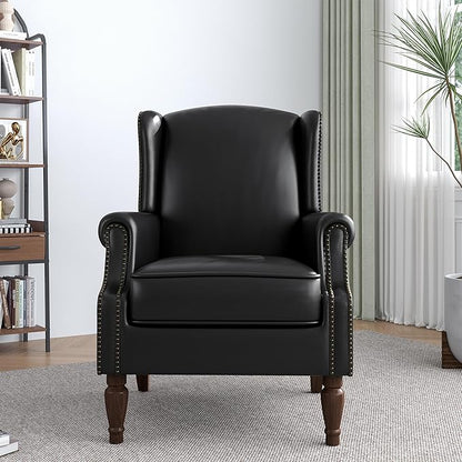 Lumibee Accent Chair, Faux Leather High Back Armchair or Living Room, Comfy Upholstered Single Sofa Reading Chair with Solid Wood Legs for Office, Bedroom, Waiting Room-Black