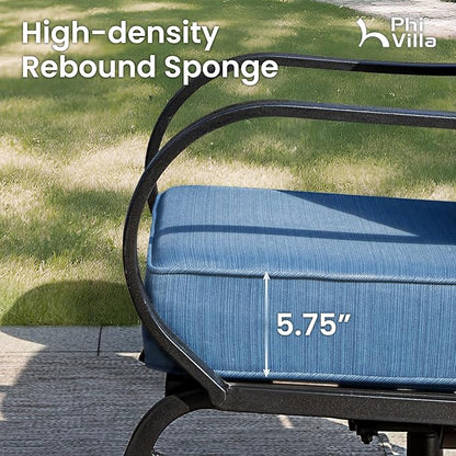PHI VILLA Patio Furniture with 1 x 45 Metal FirePit Table, 1 x 3-Seat Wide Deep Seating Bench, 2 x Swivel Sofa Chairs & 2 Ottomans, 5.75" Thick Cushioned Outdoor Conversation Set for 5, Peacock Blue