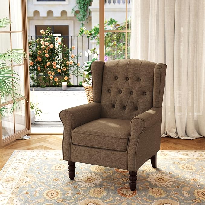 Accent Chair, Upholstered Armchair with Button Tufted High Back & Solid Wood Legs, Comfy Wingback Reading Single Sofa Chair for Small Spaces, Living Room, Bedroom (Brown, Set of 1)