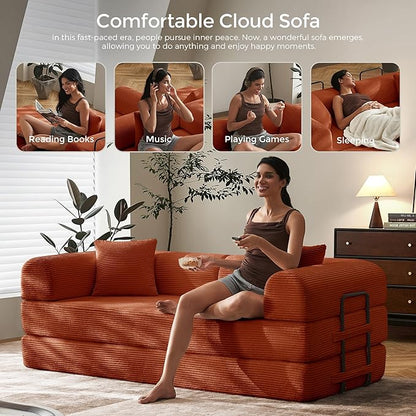 79" Convertible Sofa Bed with Fixed-Shape Frame & Removable Armrests, Modular Corduroy Sleeper Sofa, Folding Mattress Couch for Small Spaces - No Assembly Needed in Orange (Includes 2 Pillows)
