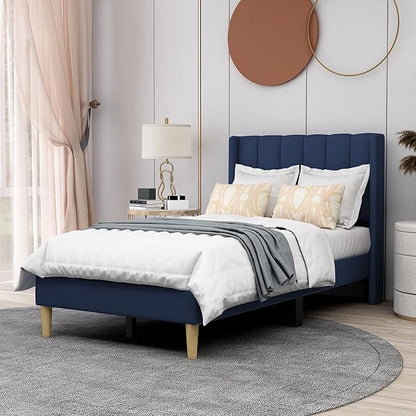 AGARTT Upholstered Platform Bed Frame Twin Size with Headboard and Footboard/Wooden Slats Support/No Box Spring Needed/Easy Assembly,Blue Velvet