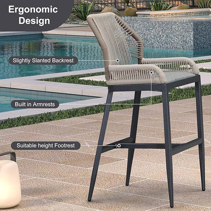 PURPLE LEAF 2 Pieces Bar Stools Patio Modern Rattan Barstools Aluminum Woven Tall Bar Chairs with Cushions for Outdoor Kitchen Island Garden