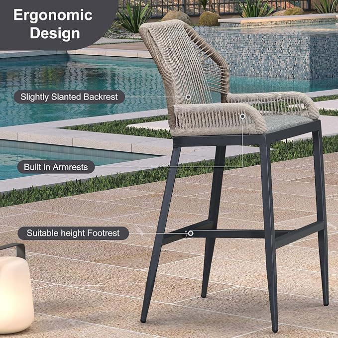 PURPLE LEAF 4 Pieces Bar Stools Patio Modern Rattan Barstools Aluminum Woven Tall Bar Chairs with Cushions for Outdoor Kitchen Island Garden
