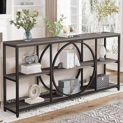 Tribesigns 70.9 inch Sofa Console Table, Extra Long Narrow Entryway Tables with 3 Tier Wood Storage Shelves Metal Frame for Foyer Hallway Living Room Behind Couch, Black Rustic Gray