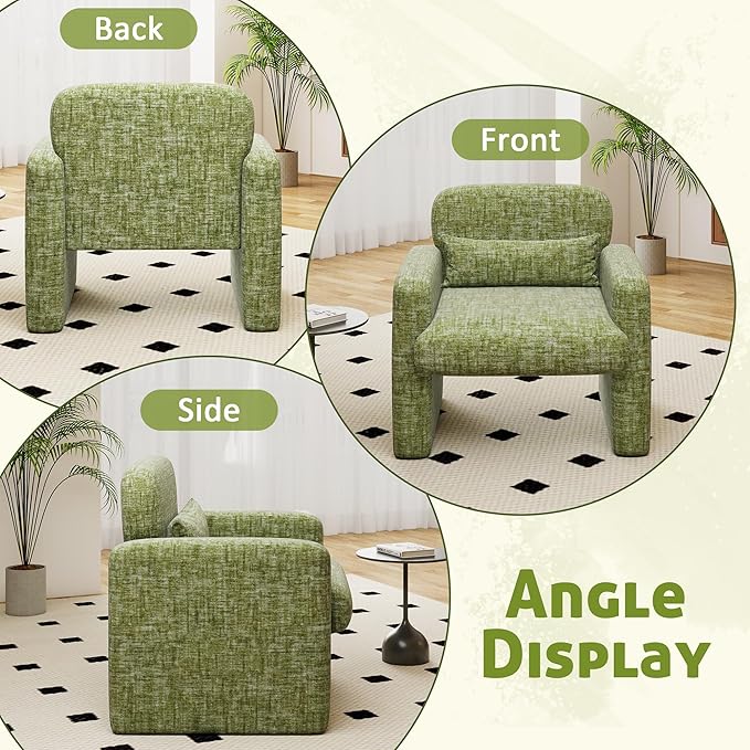 LSSPAID Modern Accent Chairs, Chenille Fabric Armchairs for Living Room, Comfy Upholstered Leisure Single Sofa Chair with Lumbar Pillow for Bedroom, Balcony, Office (Green, Set of 2)