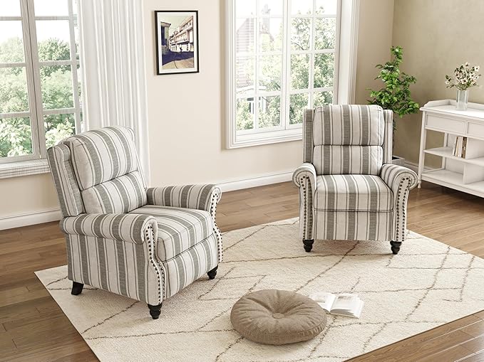 Pushback Recliner Chairs Set of 2, Comfy Fabric Wingback Recliner Chair, Upholstered Armchair Push Back Recliner with Wood Legs, Rivet Trim Accent Chair for Living Room, Bedroom, Gray Stripe
