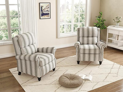 Pushback Recliner Chairs Set of 2, Comfy Fabric Wingback Recliner Chair, Upholstered Armchair Push Back Recliner with Wood Legs, Rivet Trim Accent Chair for Living Room, Bedroom, Gray Stripe
