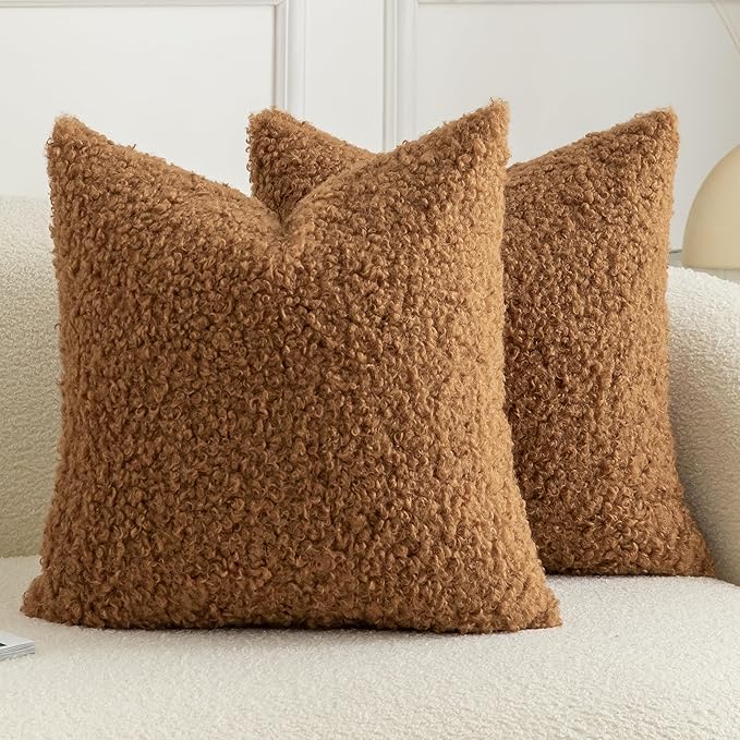 Pack of 2 Curly Teddy Wool Faux Fur Throw Pillow Covers Fuzzy Accent Soft Sherpa Pillowcases Sheepskin Fleece Decorative Cushion Case for Sofa Couch Living Room 16x16 Inch Bronze