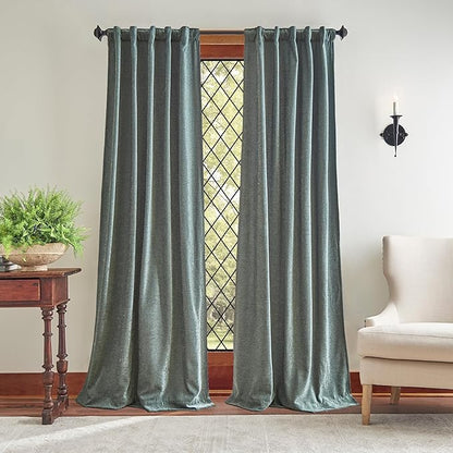 Martha Stewart Naples Chenille Solid Back Tab Window Curtain Panel Pair, 84", Olive Green