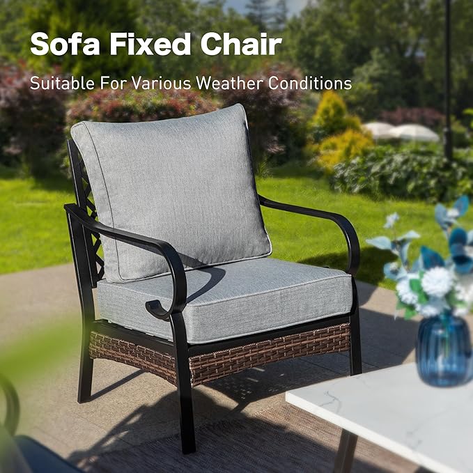 6 Piece Metal Outdoor Patio Furniture Sets, Patio Conversation Sets 1 3-Seater Sofa, 4 Single Sofa with 5.75" Extra Thick Cushion & Coffee Table, Black Frame Backyard Furniture, Gray