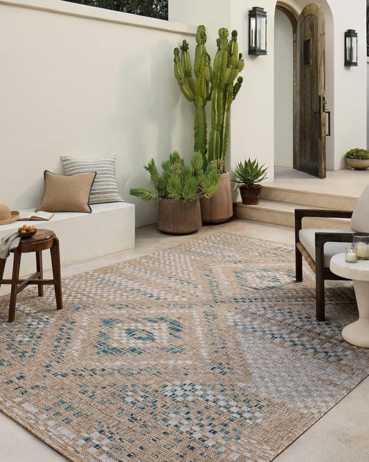 Loloi Amber Lewis Topanga Collection TOP-04 Natural/Aqua 6'-7" x 9'-4" Indoor/Outdoor Area Rug