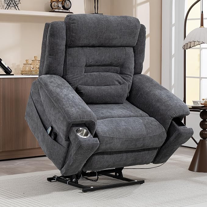 Big Man Power Lift Recliner for Elderly Adults 28 Inch Wide Seat, Oversized Recliner 400 lbs with Heat Massage, Lay Flat Recliner Chair Cup Holder & Wireless Phone Charger, USB Type C Charging