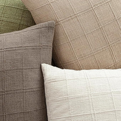 Foindtower Set of 2 Decorative Linen Check Throw Pillow Covers Neutral Farmhouse Vintage Cushion Covers Modern Coastal Boho Home Decor for Sofa Chair Couch Bedroom Living Room,26×26 Inch,Camel