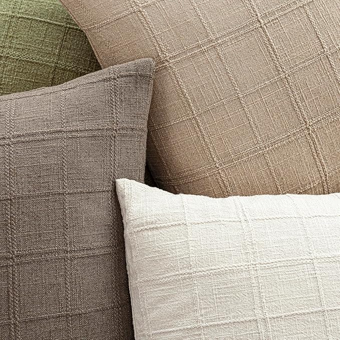 Foindtower Set of 2 Decorative Linen Check Throw Pillow Covers Neutral Farmhouse Vintage Cushion Covers Modern Coastal Boho Home Decor for Sofa Chair Couch Bedroom Living Room,22×22 Inch,Camel