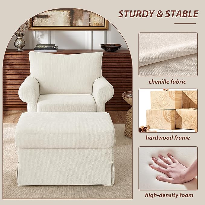 Modern Accent Chairs with Ottoman Set, Comfy Chenille Reading Armchair with Rolled Arms and Cushion Backrest, 35.8" W Single Living Room Chairs for Bedroom, Study, Apartment, Beige