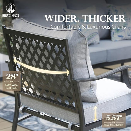 HERA'S HOUSE 5 Pieces Patio Furniture Set, 2 x Cushioned Rocking Chair, 2 x Ottoman, 1 x 3-Seat Sofa, All Cushioned 7 Seats Outdoor Conversation Set for Lawn Garden Backyard, Grey