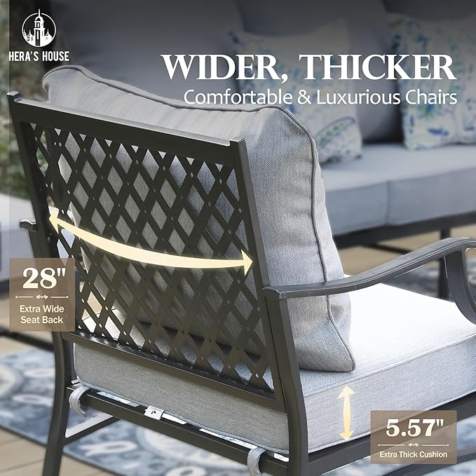 HERA'S HOUSE 7 Piece Patio Furniture Set, 2 x Rocking Chair, 2 x Fixed Chair, 2 x Ottoman, 1 x 3-Seat Sofa, All Cushioned 9 Seats Outdoor Conversation Set for Lawn Garden Backyard, Grey