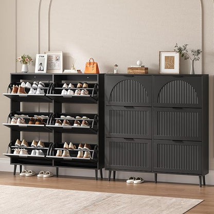 Shoe Cabinet for Entryway with 6 Flip Drawers, Slim Wooden Shoe Storage Organizer with Modern Fluted Pannel，Freestanding Narrow Hidden Shoe Rack for Hallway, Foyer, Living Room